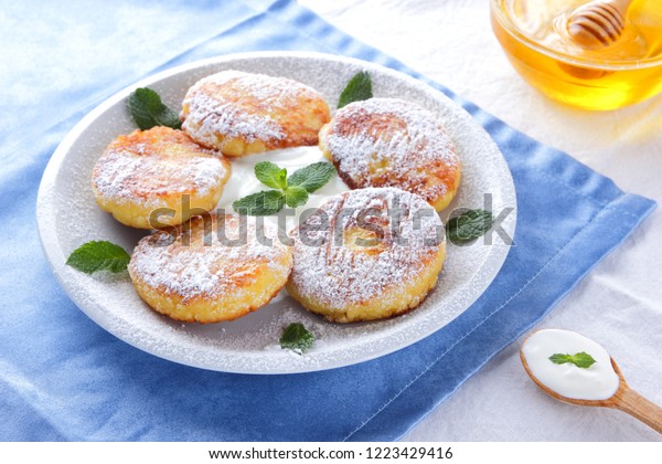 Cottage Cheese Pancakes Sprinkled Powdered Sugar Stock Image
