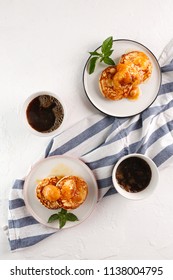 Cottage Cheese Pancakes, Syrniki, Curd Fritters. Breakfast With Coffee, Cheesecake And Apricot Jam. Flatlay. Top View. Copyspace