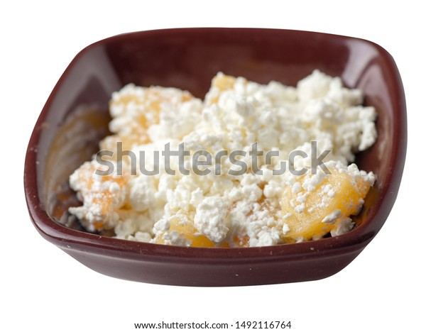 Cottage Cheese Peaches On Dark Brown Royalty Free Stock Image