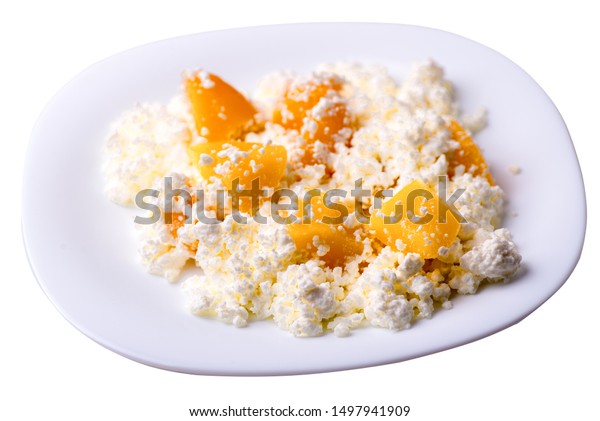 Cottage Cheese Peaches On White Plate Stock Photo Edit Now