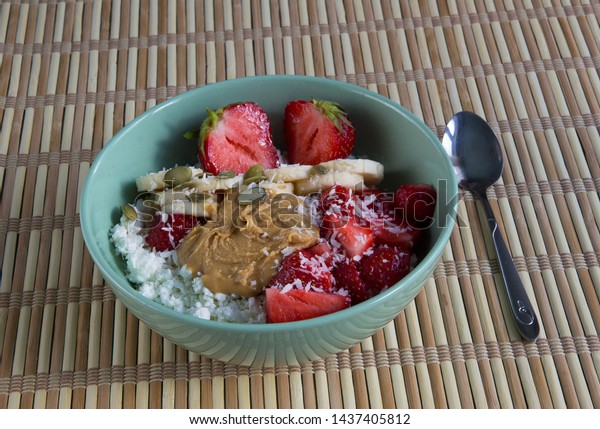 Cottage Cheese Peanut Butter Coconut Strawberries Stock Photo