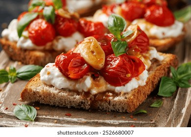 Cottage cheese and roasted tomatoes sourdough bread toast on a wooden board.