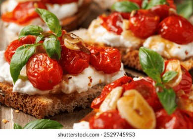 Cottage cheese and roasted tomatoes sourdough bread toast on a wooden board. - Powered by Shutterstock