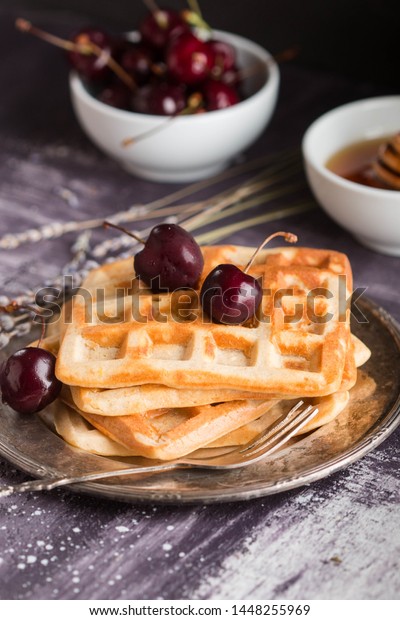 Cottage Cheese Waffles Honey Sweet Cherry Stock Photo Edit Now