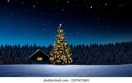 Cottage with Christmas tree at night