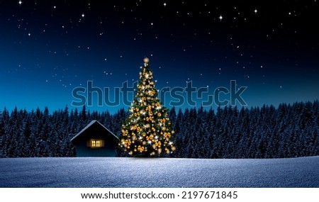 Cottage with Christmas tree at night
