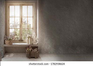 cottage vintage decoration with cement wall for retro style background with flower on window shelf 