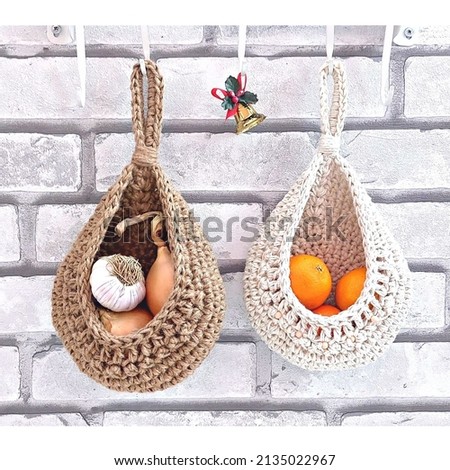 Cottagecore decor Household cute cooking gift Farmer, rustic wall hanging garlic, onion, fruit jute basket Eco friendly housewarming gift