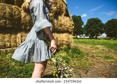 Cottagecore, Simple Living, Country Aesthetic Lifestyle, Modern Rural Fantasy, Pastoral Aesthetic. Young Girl In Peasant Cottagecore Dress With Wildflowers Enjoying Nature On Country Farm