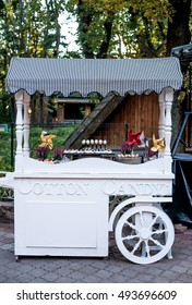 Cotton Candy Cart With Candy Bar Desserts And Delicious Sweets. Halloween Decor.