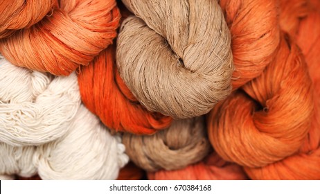 Cotton Color Natural Dyes Handmade, Old Weaving Loom And Thread Of Yarn