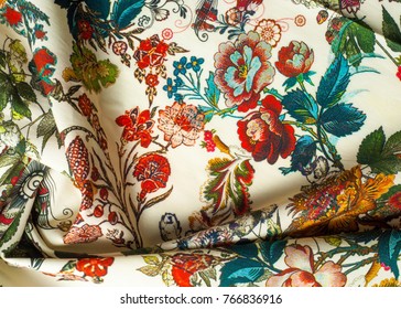 Cotton fabric texture. Multicolored flowers. abstraction. Colorful flowers pattern retro design drapery fabric background