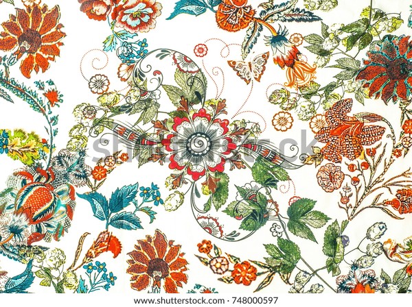 Cotton Fabric Texture Multicolored Flowers Abstraction Stock Photo