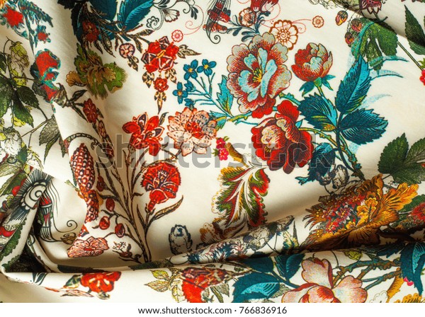 Cotton Fabric Texture Multicolored Flowers Abstraction Stock Photo
