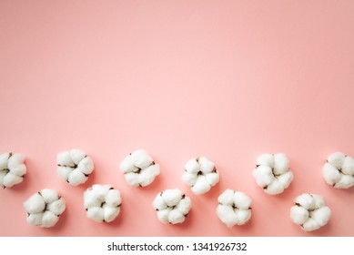 Cotton Flowers On Pastel Pink Background Stock Photo 1341926732