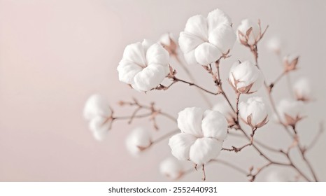 Cotton plant isolated on pastel background. Gentle and white.