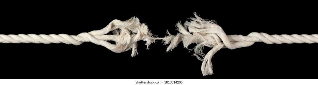 Cotton Rope, Frayed And Ready To Break Apart With Rope Held Together By Last Strand Ready To Snap. Concept Of Danger Or Stressful Situation Like Divorce Separation, Deadlines, Failure, Or Tension.