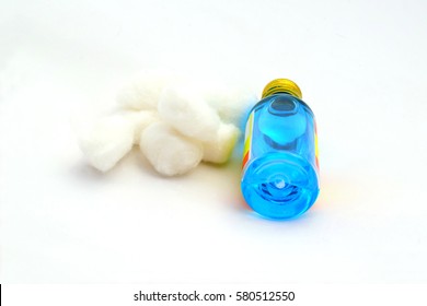 Cotton (selective Focus) And Isopropyl Alcohol Bottle.