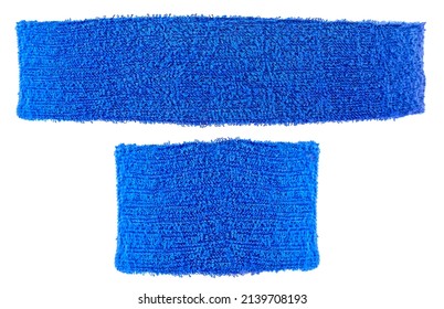 Cotton training headband and wristband isolated on a white background, blue color. Sport equipment.