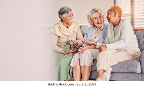 Couch, friends and senior women in conversation in a living room together talking, laughing and bonding on retirement. Happy, funny and elderly people talking in discussion with happiness on a sofa - Powered by Shutterstock