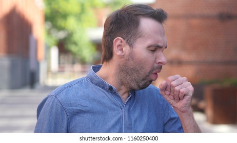 Cough, Portrait Of Sick Casual Man Coughing At Work