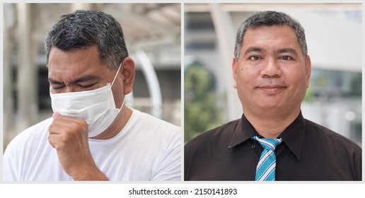 Coughing And Sick Old Man Wearing Face Mask And Healthy Old Man Taking Off Face Mask Before Going Back To Work, Concept Image Of Long Covid And Post Pandemic World