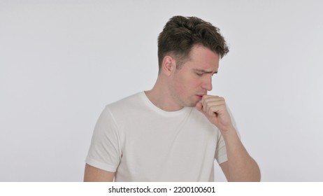 Coughing Young Man Feeling Unwell On White Background