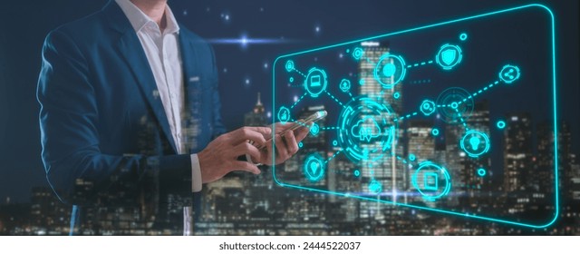 could computing Digital transformation concept. System engineering Binary code Programming businessman using smartphone working with virtual could computing ai technology diagram