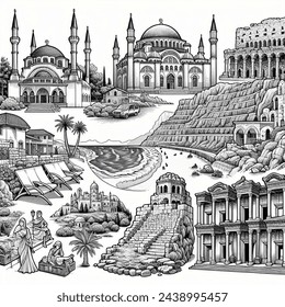 Could you create an energetic illustration showcasing historical places such as the selimiye mosque, ölüdeniz, ephesus ancient city, sumela monastery, aspendos, pamukkale, and the historic houses of safranbolu?