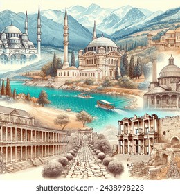 Could you create an energetic illustration showcasing historical places such as the selimiye mosque, ölüdeniz, ephesus ancient city, sumela monastery, aspendos, pamukkale, and the historic houses of safranbolu?