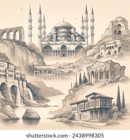 Could you create an energetic illustration showcasing historical places such as the selimiye mosque, ölüdeniz, ephesus ancient city, sumela monastery, aspendos, pamukkale, and the historic houses of safranbolu?