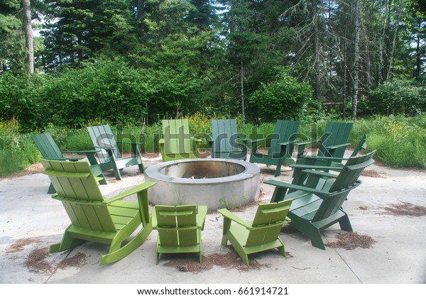 Council Fire Pines Green Adirondack Chairs Stock Photo Edit Now