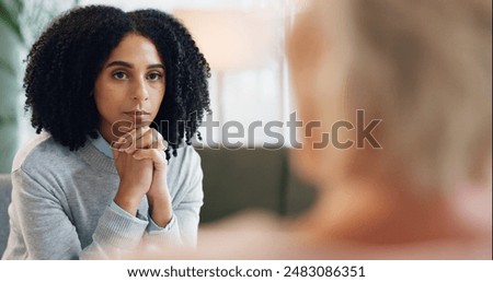 Counseling, fear and woman in consultation with psychologist for advice, support and comfort for depression. Psychology, mental health or patient with therapist for anxiety, stress or healing therapy