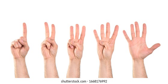 Count to five with five hands starting with the index finger with white isolated background. Horizontal composition.