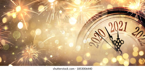 Countdown To Midnight - Happy New Year 2021 - Abstract Defocused Background - Clock And Fireworks 