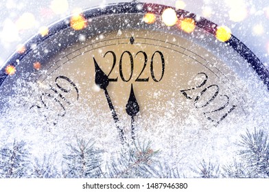 Countdown to midnight. Retro style clock counting last moments before Christmass or New Year 2020.