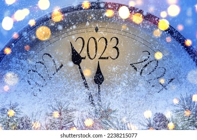 Countdown to midnight. Retro style clock counting last moments before Christmas or New Year 2023 - Shutterstock ID 2238215077