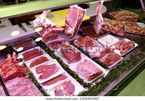 Counter of an Italian butcher\'s shop with various\
cuts and preparations of\
meat