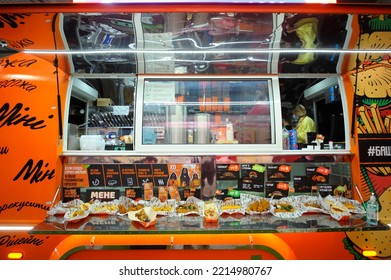 Counter Of Mini Mobile Food Trailer With Fast Food Put Up For Sale, Pick Up Drop Off Window. Exhibition Retail Industry. March 16, 2021. Berezovka, Ukraine