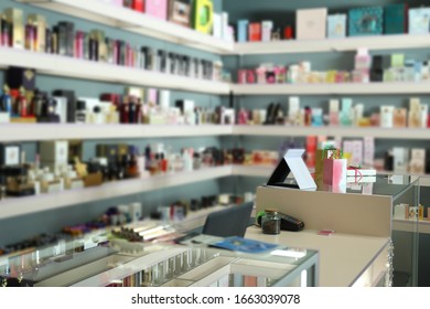 Counter And Shelves With Perfume Bottles In Shop