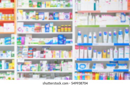 Counter store table pharmacy background shelf blurred blur focus drug medical shop Drugstore medication blank medicine pharmaceutics concept - stock image
