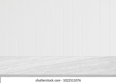 Counter Top White Marble Stone Natural Texture.with White Wall Wooden Groove Vertical Line Texture Spray White Color Design Of Decoration Clean Background.Used For Montage Or Display Product.