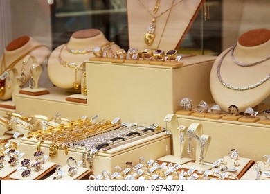 Counter With Variety Jewelry In Store Window