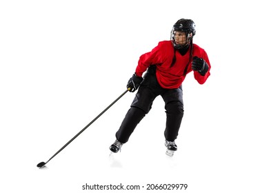 Counterattack. Professional female hockey player training in special uniform with helmet isolated over white background. Winning match. Concept of sport, action, movement, health. Copy space for ad