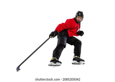 Counterattack. Professional female hockey player training in special uniform with helmet isolated over white background. Winning match. Concept of sport, action, movement, health. Copy space for ad