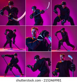 Counterattack. Professional male hockey player training in special uniform with helmet isolated on pink background in neon. Concentration. Concept of sport, action, movement, health. Copy space for ad