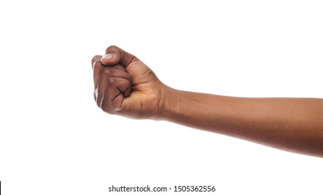 Counting, aggression, brave concept. Black female fist, clenched hand, isolated on white background.