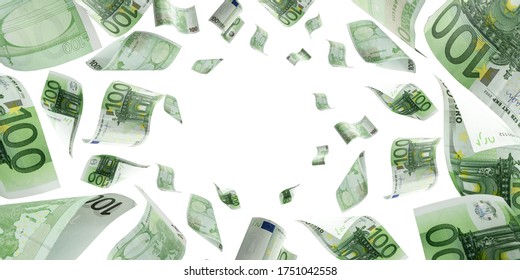 Counting Euro Banknote Falling Isolated. Money Cash Texture On White Background.