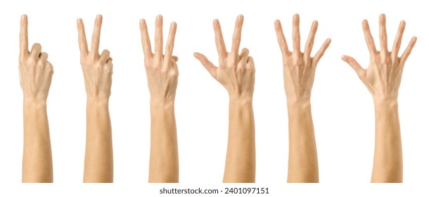 Counting gestures. Multiple images set of female caucasian hand with french manicure counting from one to five isolated over white background - Powered by Shutterstock