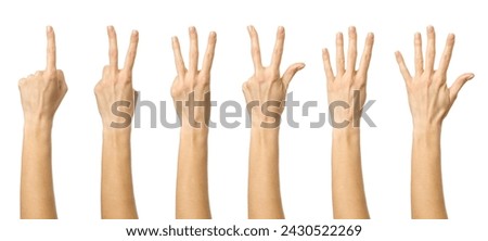 Counting gestures. Multiple images set of female caucasian hand with french manicure counting from one to five isolated over white background